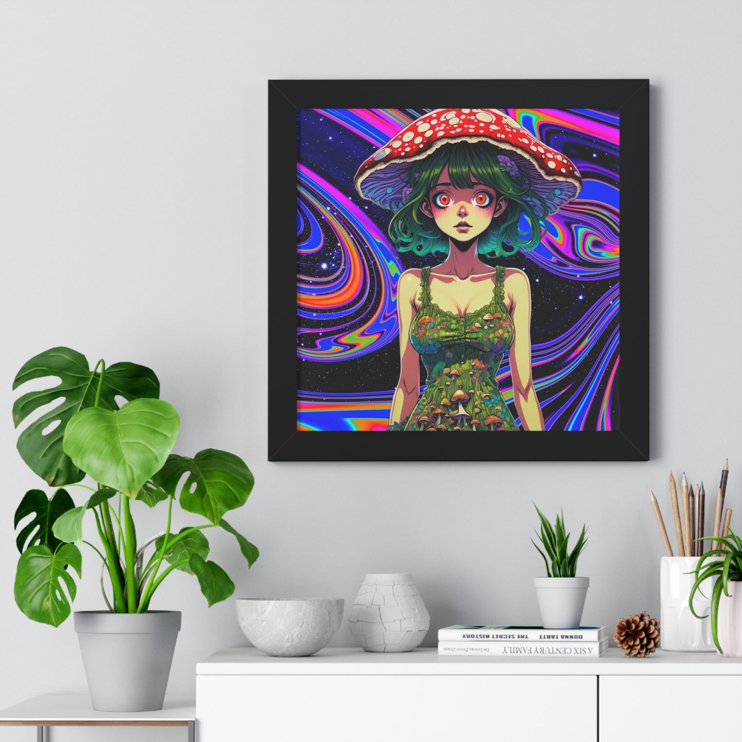 Mushroom Girl Space Vibes - Framed Vertical Poster