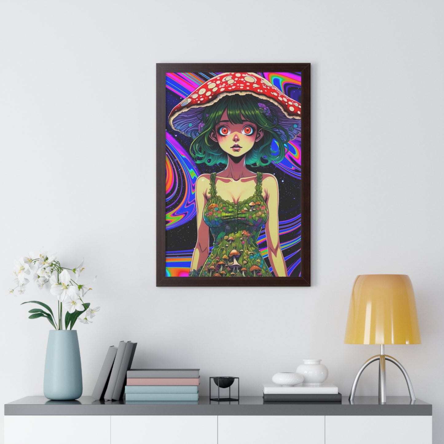 Mushroom Girl Space Vibes - Framed Vertical Poster