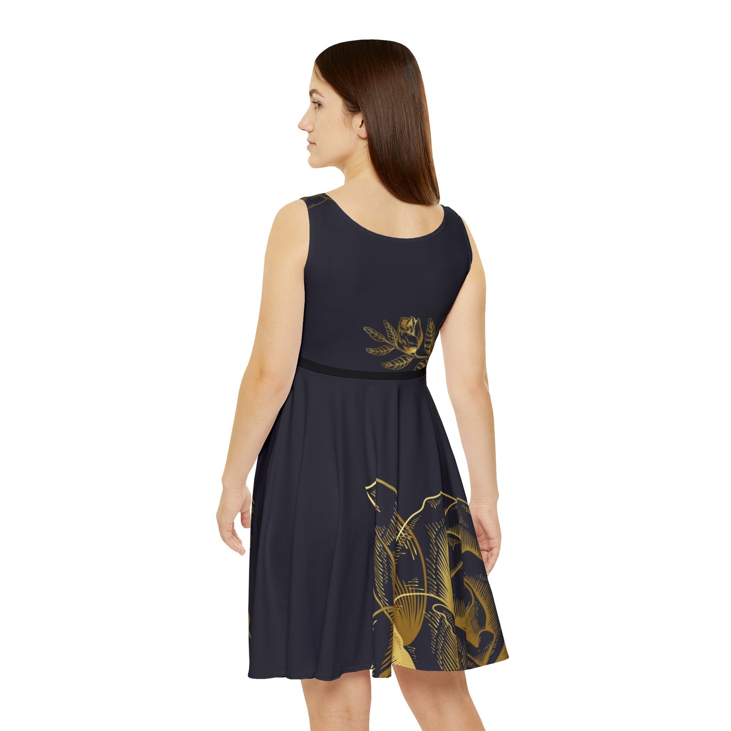 Mid Split Black and Gold Flowers Fated MC Women's Skater Dress