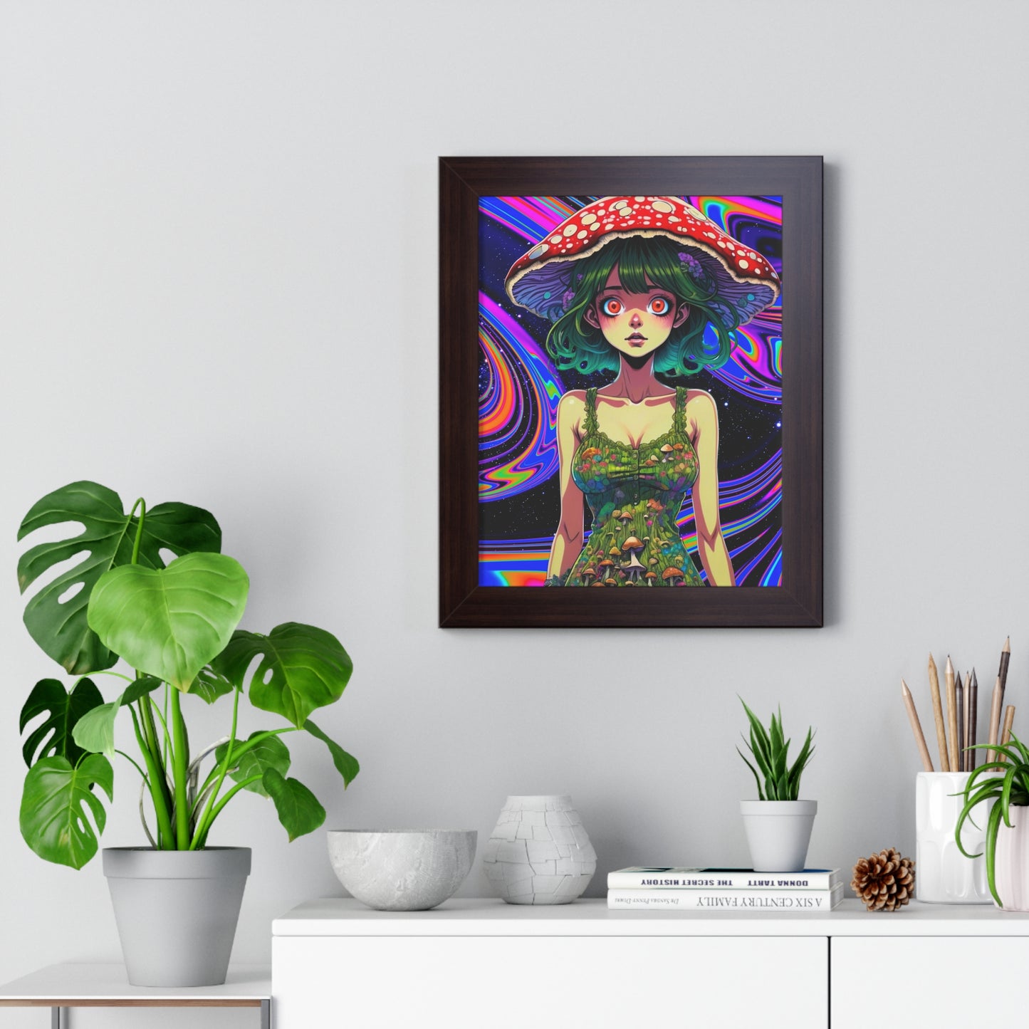 Mushroom Girl Space Vibes - Framed Vertical Poster
