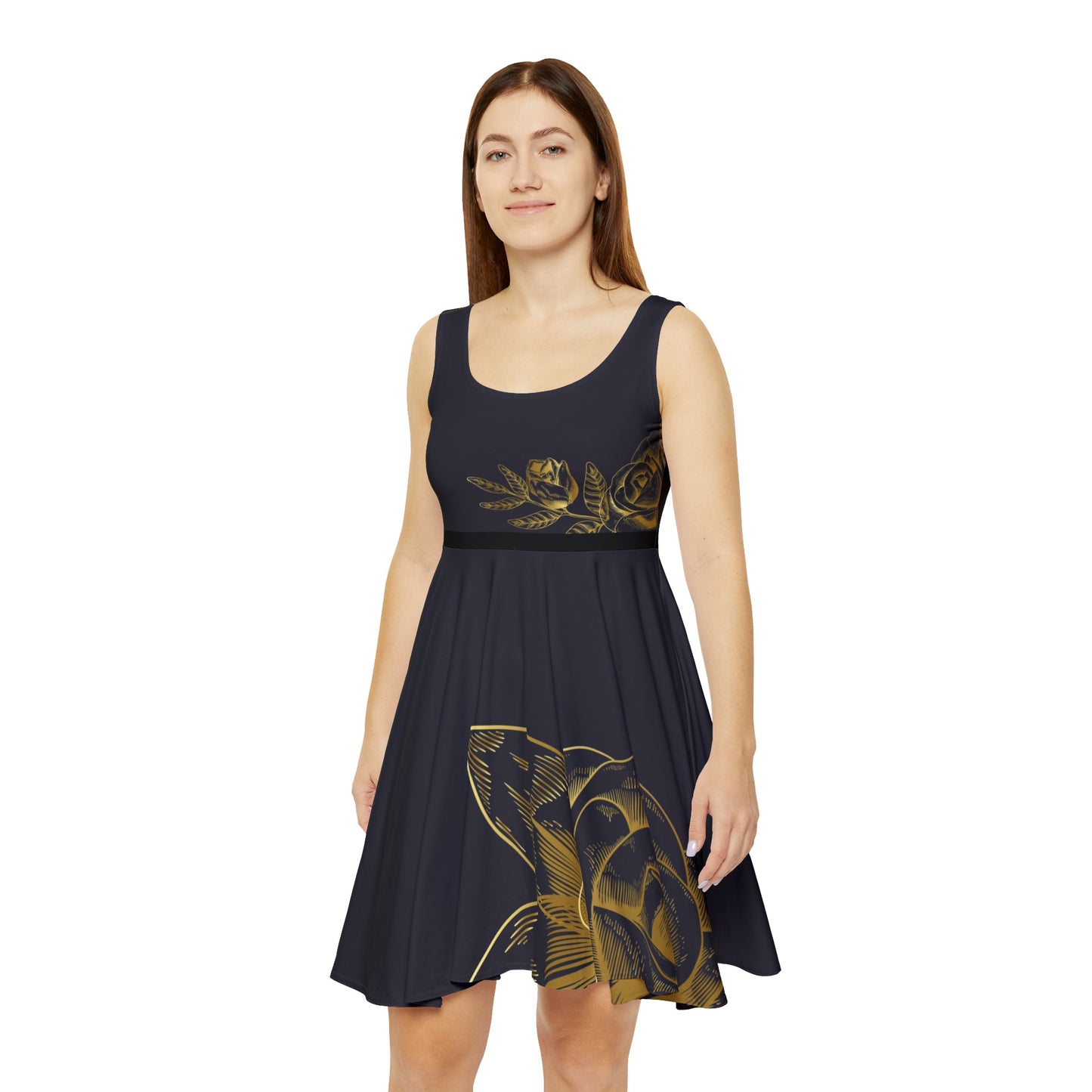 Mid Split Black and Gold Flowers Fated MC Women's Skater Dress
