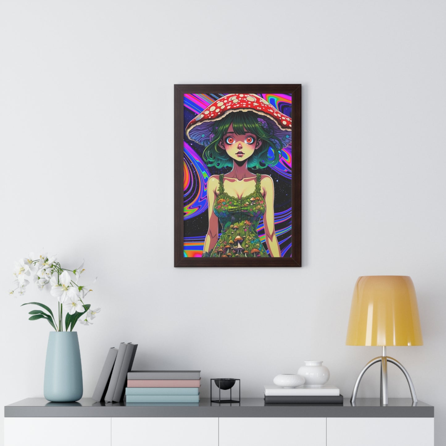 Mushroom Girl Space Vibes - Framed Vertical Poster